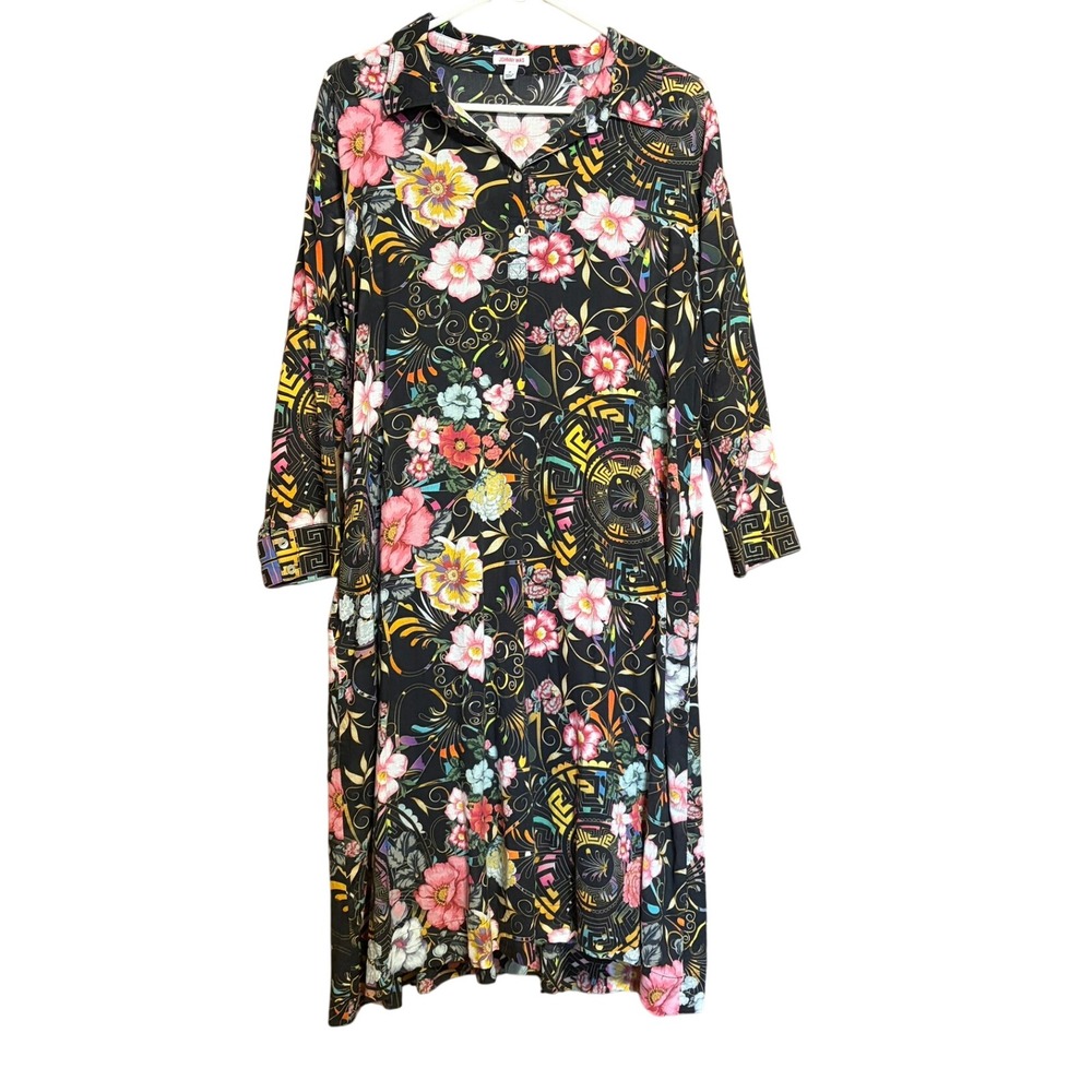 Johnny Was Shirt Dress M Black‎ Floral Cotton Long Sleeve Sheer Garden Resort